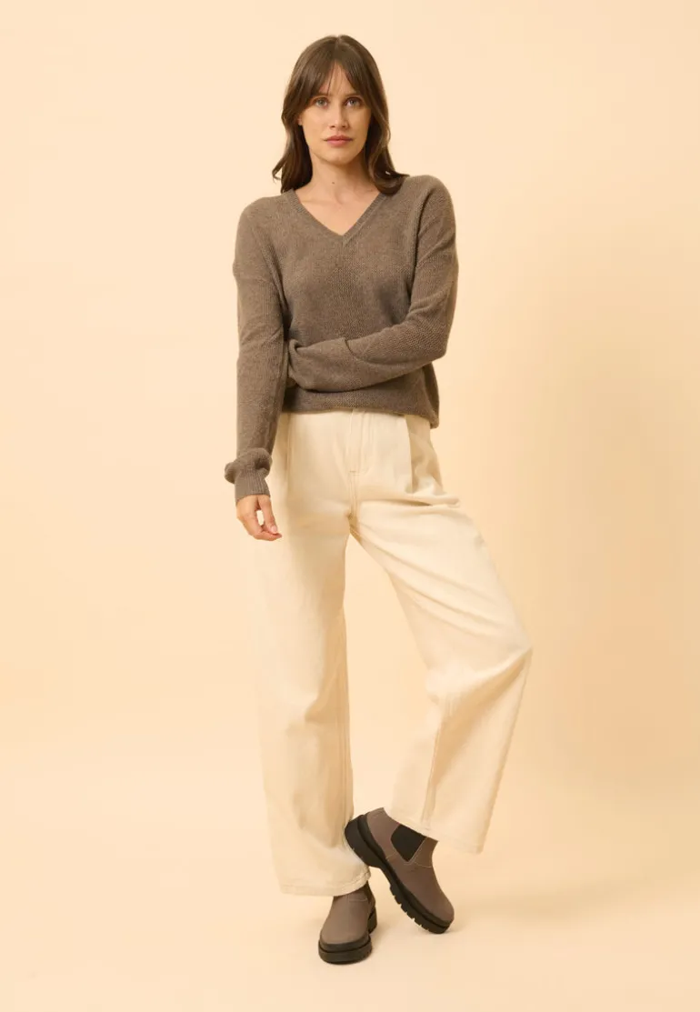 CAPUCINE pull col v taupe chiné