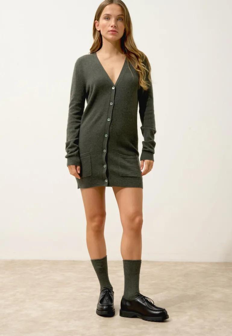 CHELSEA cardigan col v kaki chiné