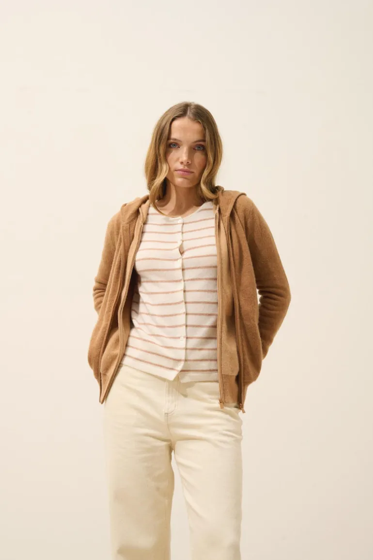 DEBBIE gilet col zippé capuche noisette