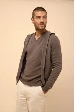 ELLIOT gilet col zippé capuche taupe chiné