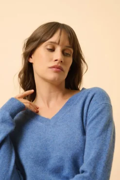 NORA pull col v bleu denim