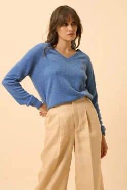 NORA pull col v bleu denim