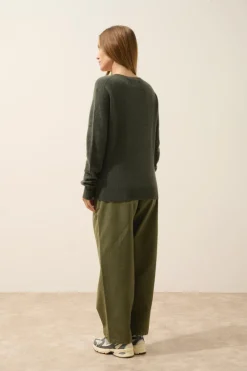 NORA pull col v kaki chiné