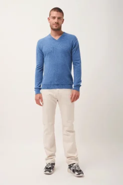 TOM pull col v bleu denim
