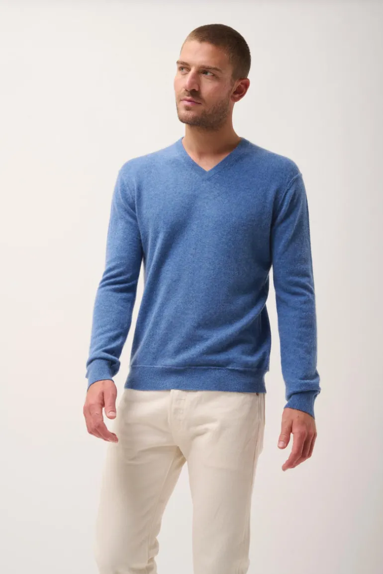 TOM pull col v bleu denim
