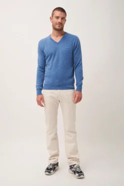 WALT pull col v bleu denim