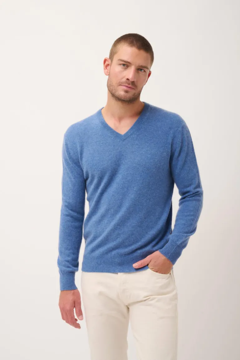WALT pull col v bleu denim