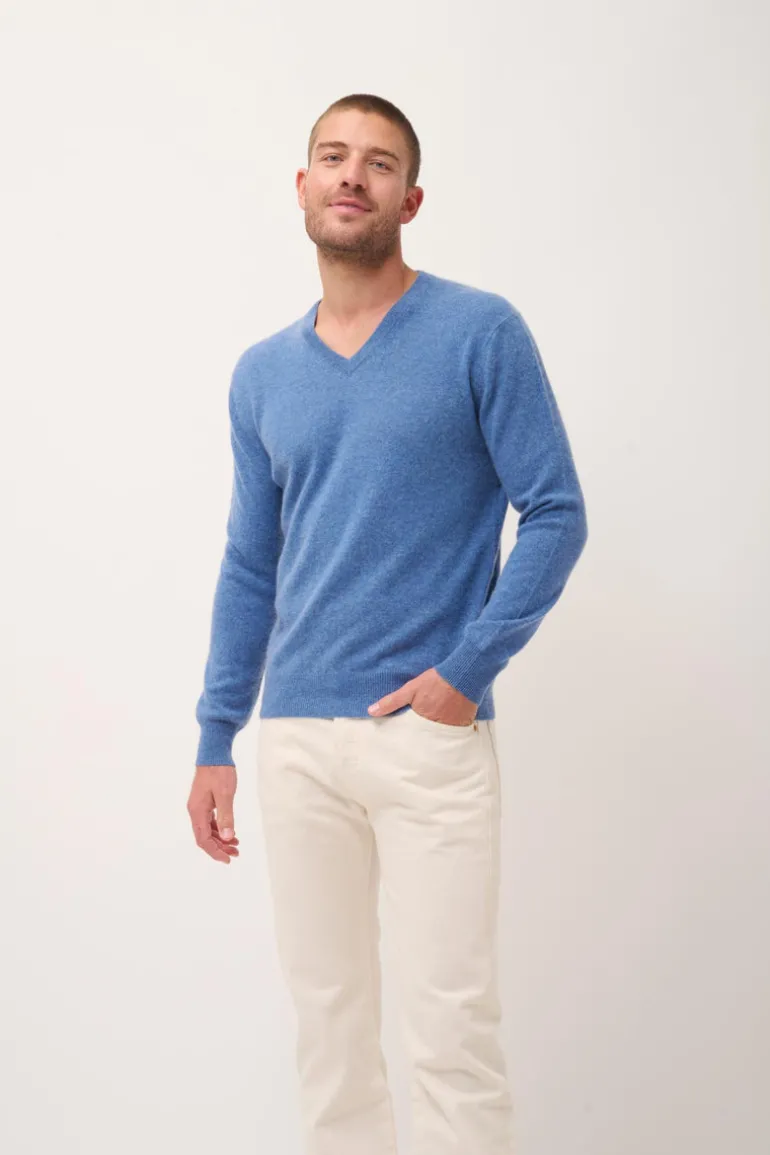 WALT pull col v bleu denim